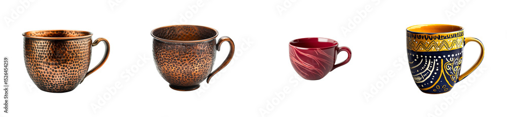 Various mugs, different shapes and textures on black background, cut out transparent Various mugs, different shapes and textures on black background, cut out transparent