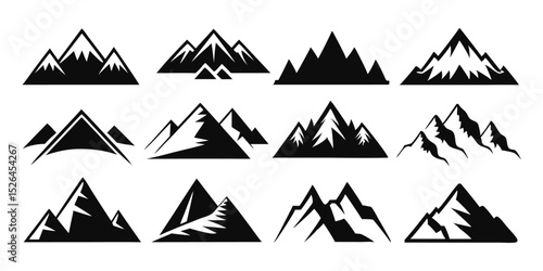 Collection of mountain icons featuring diverse shapes and styles for design projects