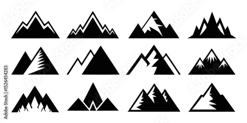 Collection of twelve mountain icons featuring diverse shapes and styles for design projects