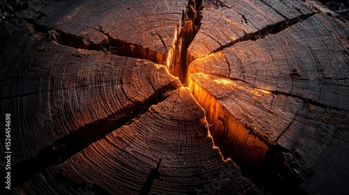 Close-up of a cracked tree trunk with glowing light shining through the crevices, symbolizing nature and inner strength.