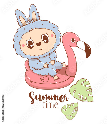 Beach Cute Monster Toy on inflatable pink flamingo. Funny fluffy summer kawaii character. Vector illustration. Kids collection