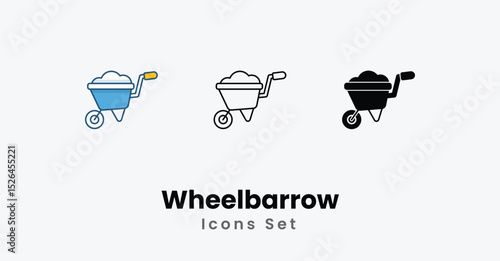 Wheelbarrow Icons thin line, Black Glyph, Colored Line vector icon stock illustration