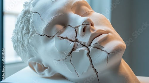 Close-up of a cracked white ceramic head sculpture symbolizing fragility and brokenness in art and concept.