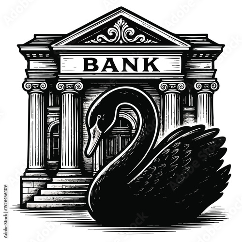 A stylized illustration of a bank building with a black swan in fron