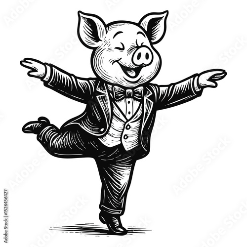 A cheerful pig in a tuxedo dancing on one leg, exuding joy and charm