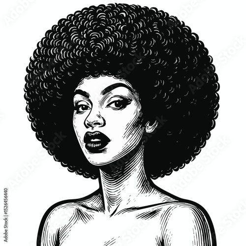 A black and white illustration of a woman with a large afro hairstyle