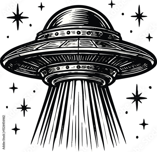 A vintage-style illustration of a UFO hovering with rays and stars in the background