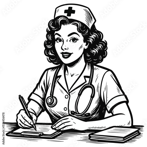 A vintage-style illustration of a nurse writing notes at a desk