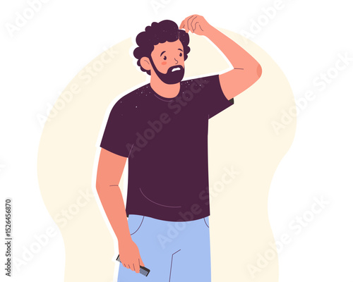 Young man with problem of dandruff.  Dandruff problem. Flat vector illustration	