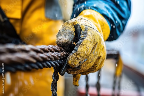 Worker in Yellow Gloves Holding Rope under Rainy Conditions