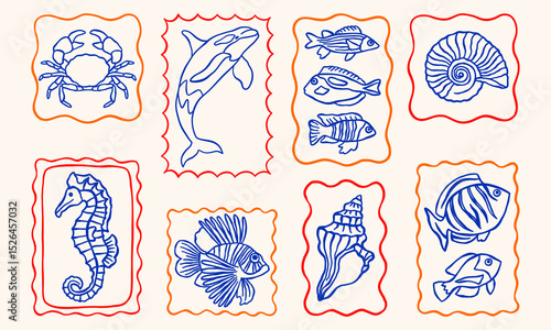 Underwater ocean creatures outline vector minimalist retro illustrations set with seashells, crab, seahorse, killer whale, fishes in whimsical frames