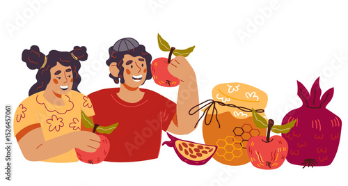 Rosh Hashanah Jewish New Year holiday banner or card design element with Jewish kids characters, flat vector illustration isolated on white.