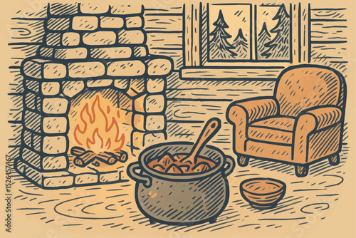 Cozy Cabin Interior with Hand-Drawn Game Meat Stew Simmering by Fireplace