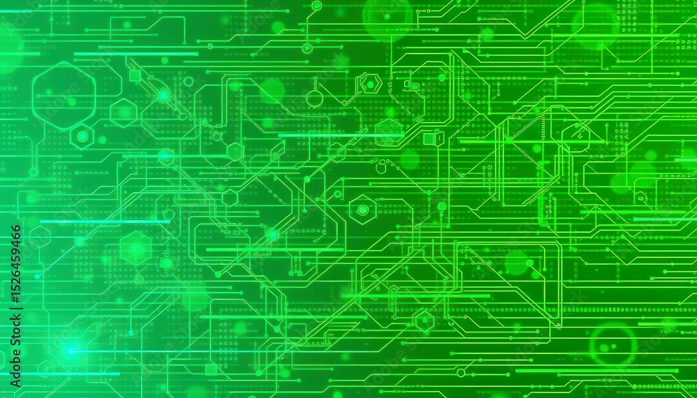 Abstract green tech background with circuit-like lines and geometric shapes fading into a bright green Abstract green tech background with circuit-like lines and geometric shapes fading into a bright green