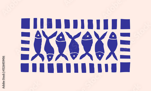 Stamp with sardines, hand drawn Amalfi coast summer doodle print. Beach, marine and Mediterranean vibes. Retro postcard clipart in coastal naive minimal design. Perfect for travel, fashion, and decor.
