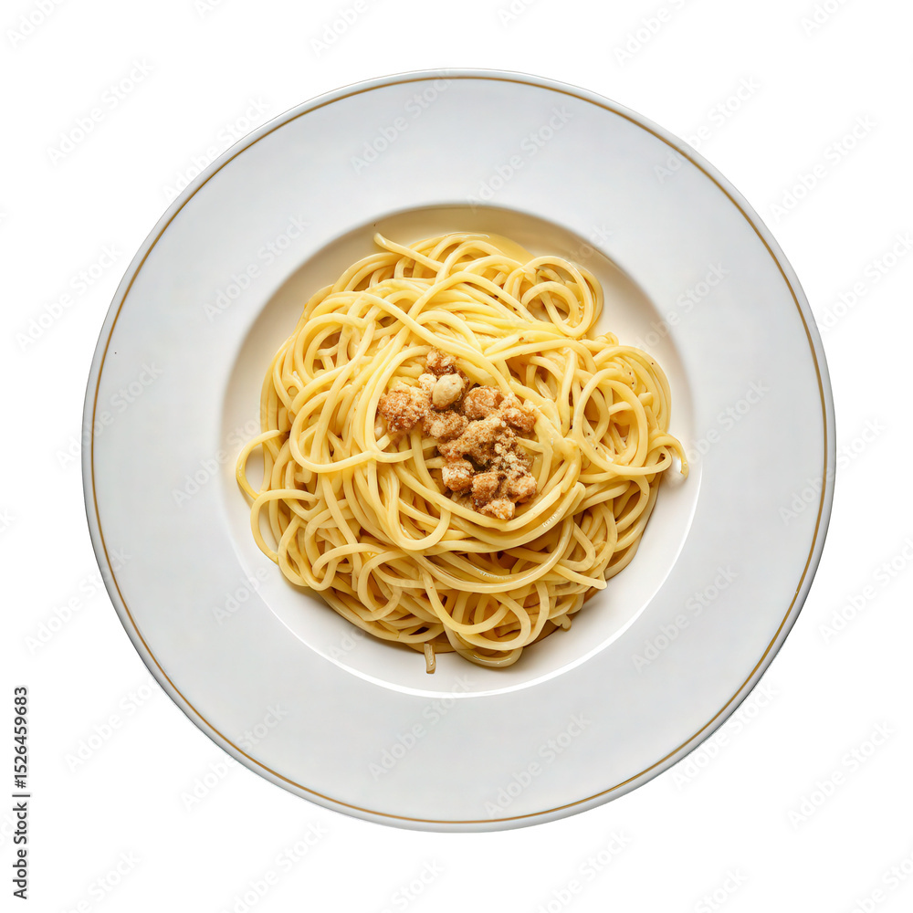 Spaghetti Carbonara with Golden Rim Plate, cut out Spaghetti Carbonara with Golden Rim Plate, cut out