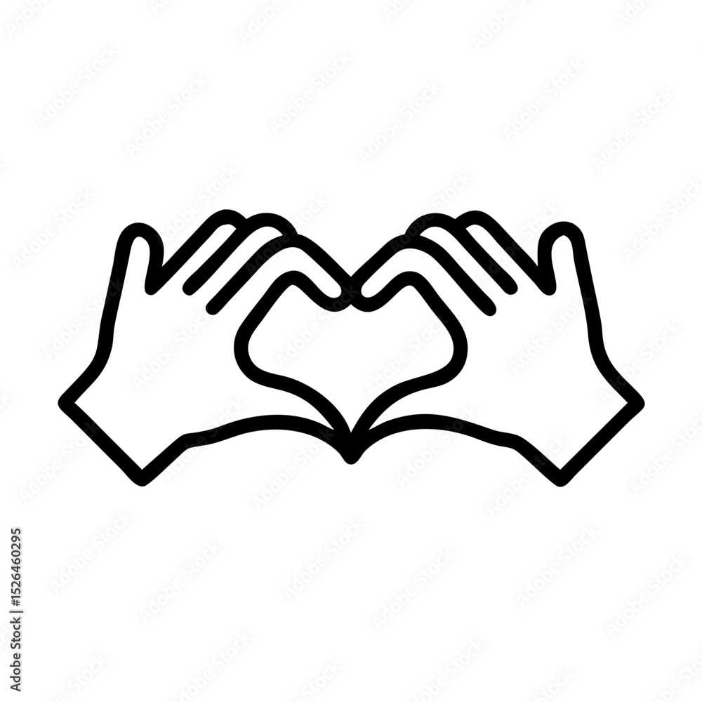 Obraz premium Minimalist black outline vector icon of two hands forming a heart shape, symbolizing love, support, and mental health awareness in a clean and simple design