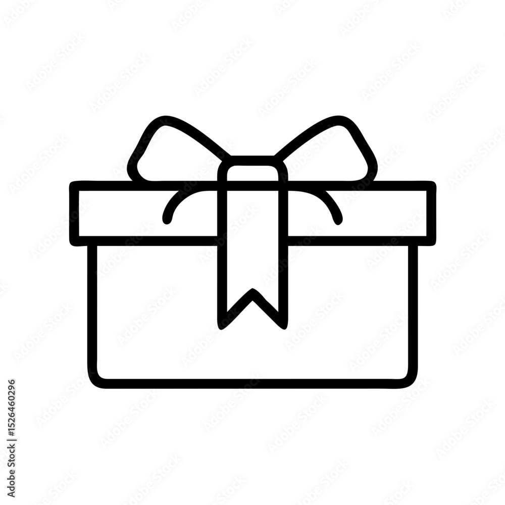 Ícone vetorial minimalista em contorno preto de uma caixa de presente com fita, simbolizando celebração, feriado e generosidade em um design limpo e simples