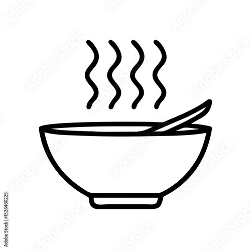 Minimalist black outline vector icon of a steaming bowl of noodles, symbolizing Asian cuisine, comfort food, and warmth in a clean and simple design