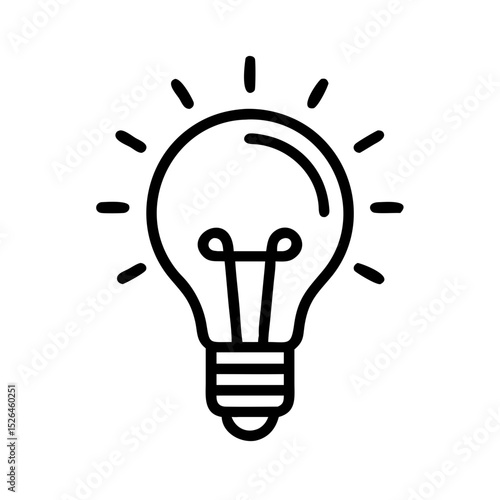 Ícone vetorial minimalista em contorno preto de uma lâmpada. Design limpo e simples que simboliza ideias de negócios, inovação e soluções inteligentes