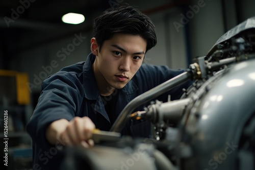 Young Mechanic Working on Engine in Industrial Workshop Setting