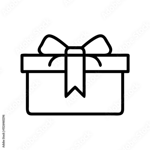Ícone vetorial minimalista em contorno preto de uma caixa de presente com fita, simbolizando celebração, feriado e generosidade em um design limpo e simples