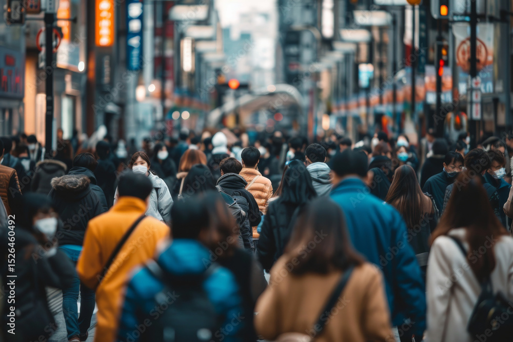 Fototapeta premium A bustling street scene with a crowd of people walking, focus on diverse individuals in an urban setting.