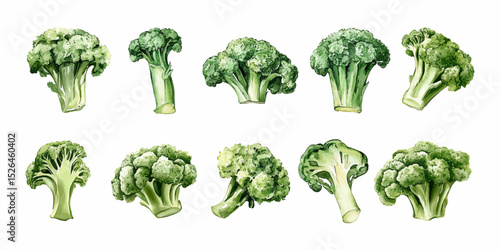 Set of watercolor broccoli illustrations on white background. Vector illustration. 