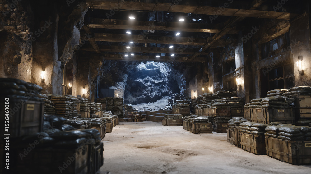 Naklejka premium Wide shot of an underground weapons depot bunker, reinforced concrete walls lined with crates, stacked missiles, and heavy artillery shells, dim emergency lights glowing