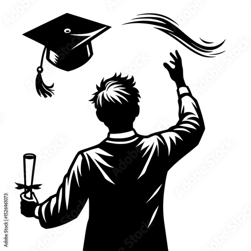 Black and White SVG of a Student Tossing Graduation Cap