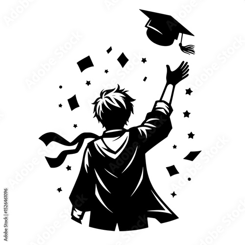 Black and White SVG of a Student Tossing Graduation Cap