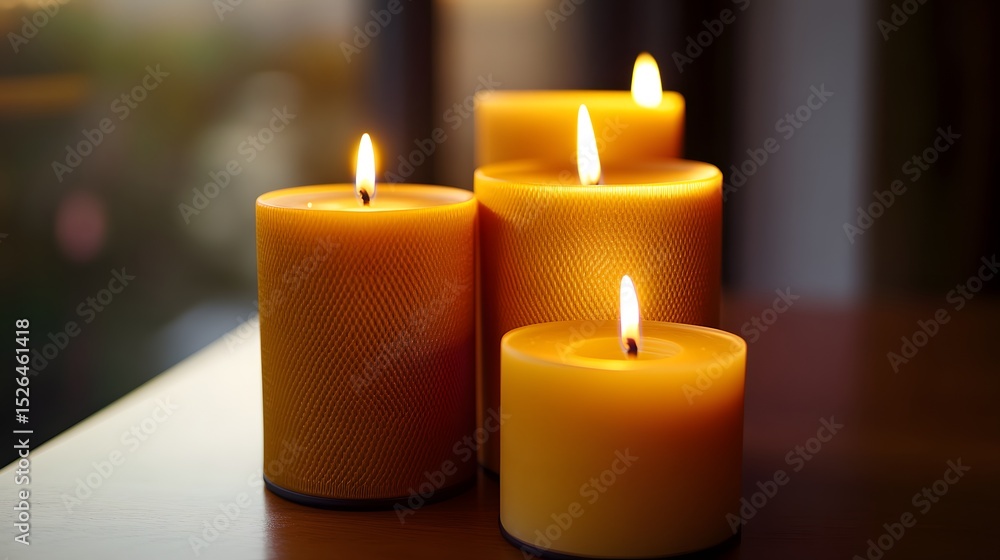 Four lit candles on a wooden surface. Four lit candles on a wooden surface.