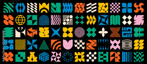 Contemporary y2k brutal star, spiral flower, retro memphis ornament and groovy geometric shape collection for social media banner. Brutalist futuristic silhouette pattern or bauhaus modern sticker art