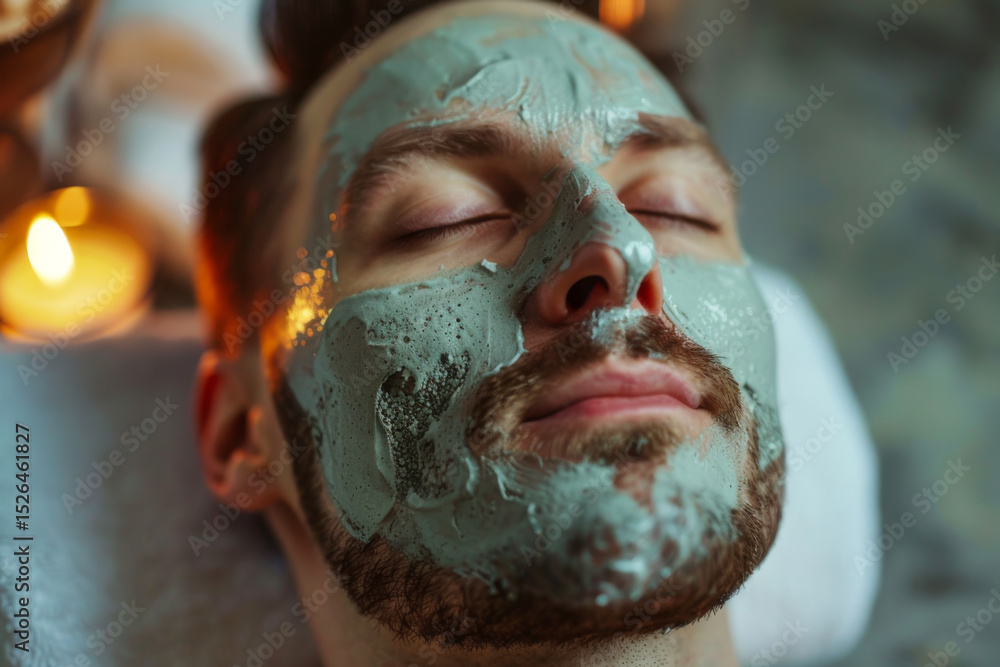 Fototapeta premium Man relaxing with a nourishing facial clay mask in a serene spa setting with soft ambient lighting.