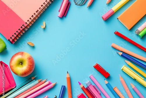 Detailed Image of Colorful Stationery and Apple Laid in Random Way