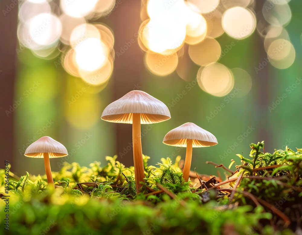 Fototapeta premium Three mushrooms in a mossy forest floor, bathed in sunlight