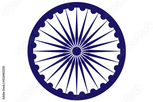 Wheel with spokes vector icon. Ashoka chakra in blue colour with shadows and accurate lines. Indian flag Ashoka chakra wheel in flat style. Vector illustration