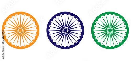 Wheel with spokes vector icon. Ashoka chakra in  navy blue, orange and green colour with shadows and accurate lines. Indian flag Ashoka chakra wheel in flat style. Vector illustration