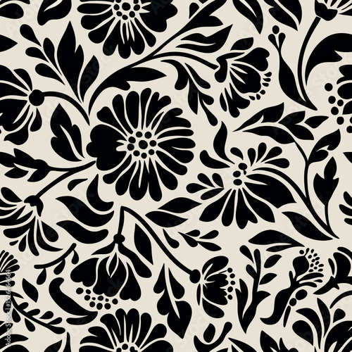 Elegant black floral seamless pattern with repeating flowers and decorative botanical elements