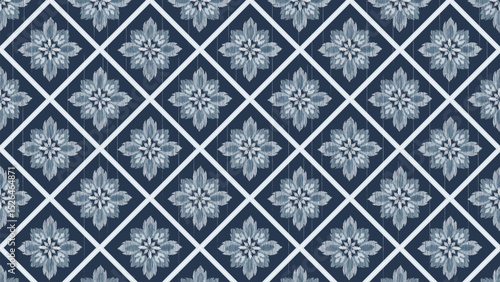 Seamless blue floral ethnic ikat texture  design. textile fashion pattern line ikat seamless pattern and batik fabric texture asian background wallpaper geometry indian. Ethnic abstract ikat art .
