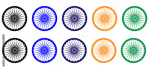 Wheel with spokes vector icon. Ashoka chakra in black,  blue, navy blue, orange and green colour with shadows and accurate lines. Indian flag Ashoka chakra wheel in flat style. Vector illustration