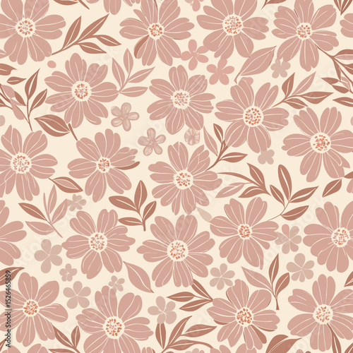 Seamless floral pattern with hand drawn blossoms and foliage in muted rose and tan tones