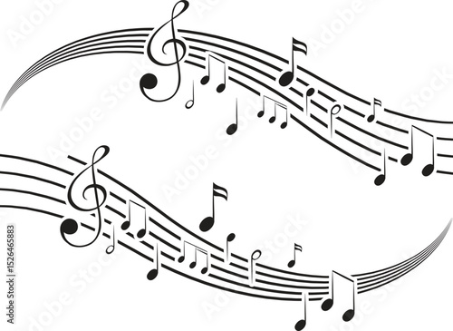 Musical notes stave line pattern symbols icon for staff and music note theme Transparent background wave Piano, jazz sound notes Fun vector key sign Classic clef Doodle