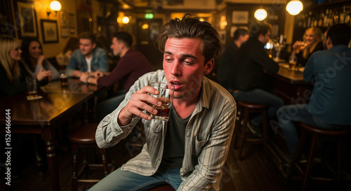 Effects of alcohol: A man with a red face and uncomfortable expression holding a drink, possibly due to alcohol intolerance or excessive drinking