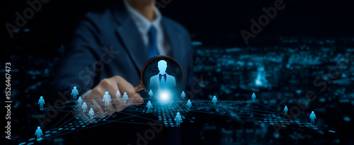 Digital recruitment concept showing HR professional analyzing virtual candidates through magnifying glass, representing AI-powered talent acquisition, hiring, and employee selection in modern business