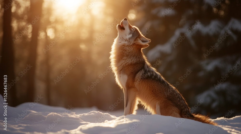 Obraz premium Lone wolf howling in snow-covered forest