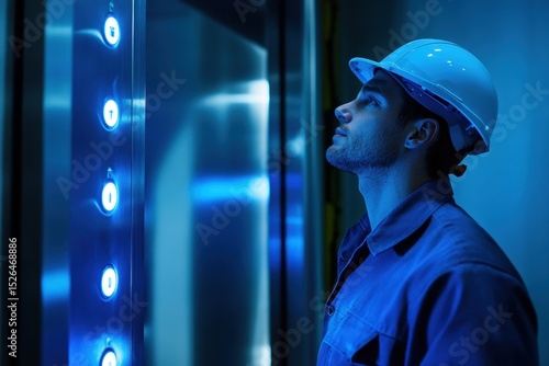Man in Safety Helmet Standing in Front of Elevator Buttons