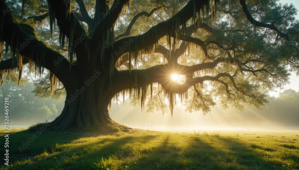 Fototapeta premium Large oak tree with Spanish moss and sun rays in serene morning light