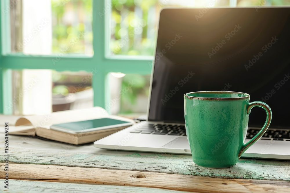 High Definition Visual of Green Coffee Cup and Open Laptop on Wooden Desk High Definition Visual of Green Coffee Cup and Open Laptop on Wooden Desk