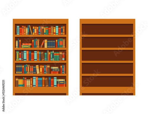 Full and empty book shelves isolated on white background. Vector stock